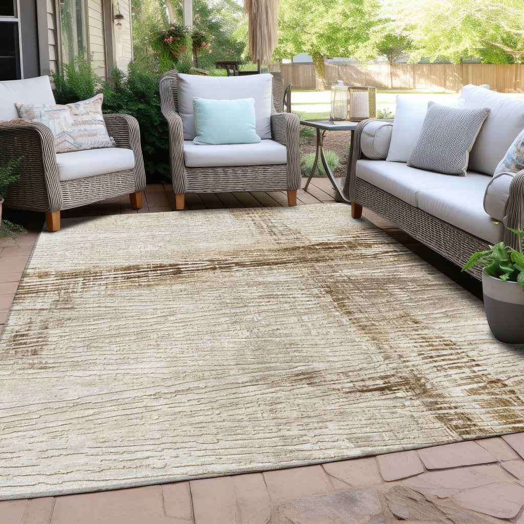 10' X 14' Ivory And Beige Striped Washable Indoor Outdoor Area Rug