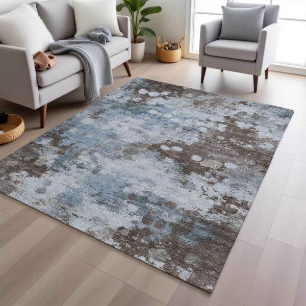 9' X 12' Sky Blue And Brown Abstract Washable Indoor Outdoor Area Rug