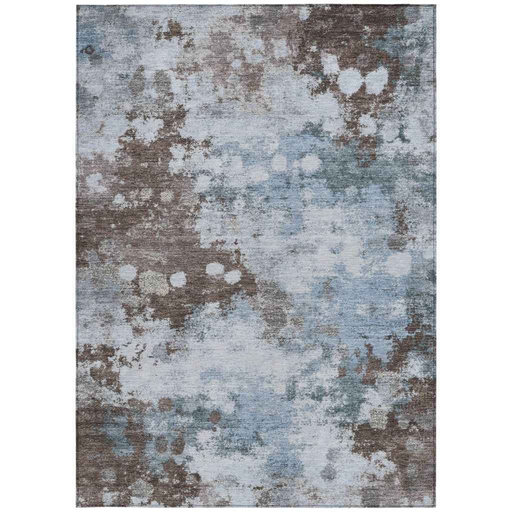 9' X 12' Sky Blue And Brown Abstract Washable Indoor Outdoor Area Rug