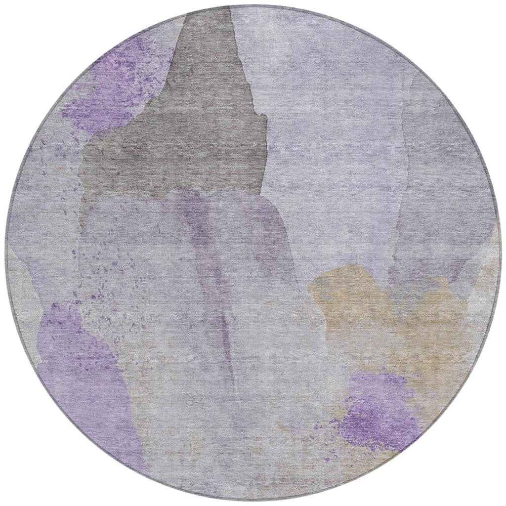 8' Lavender And Gray Round Abstract Washable Indoor Outdoor Area Rug