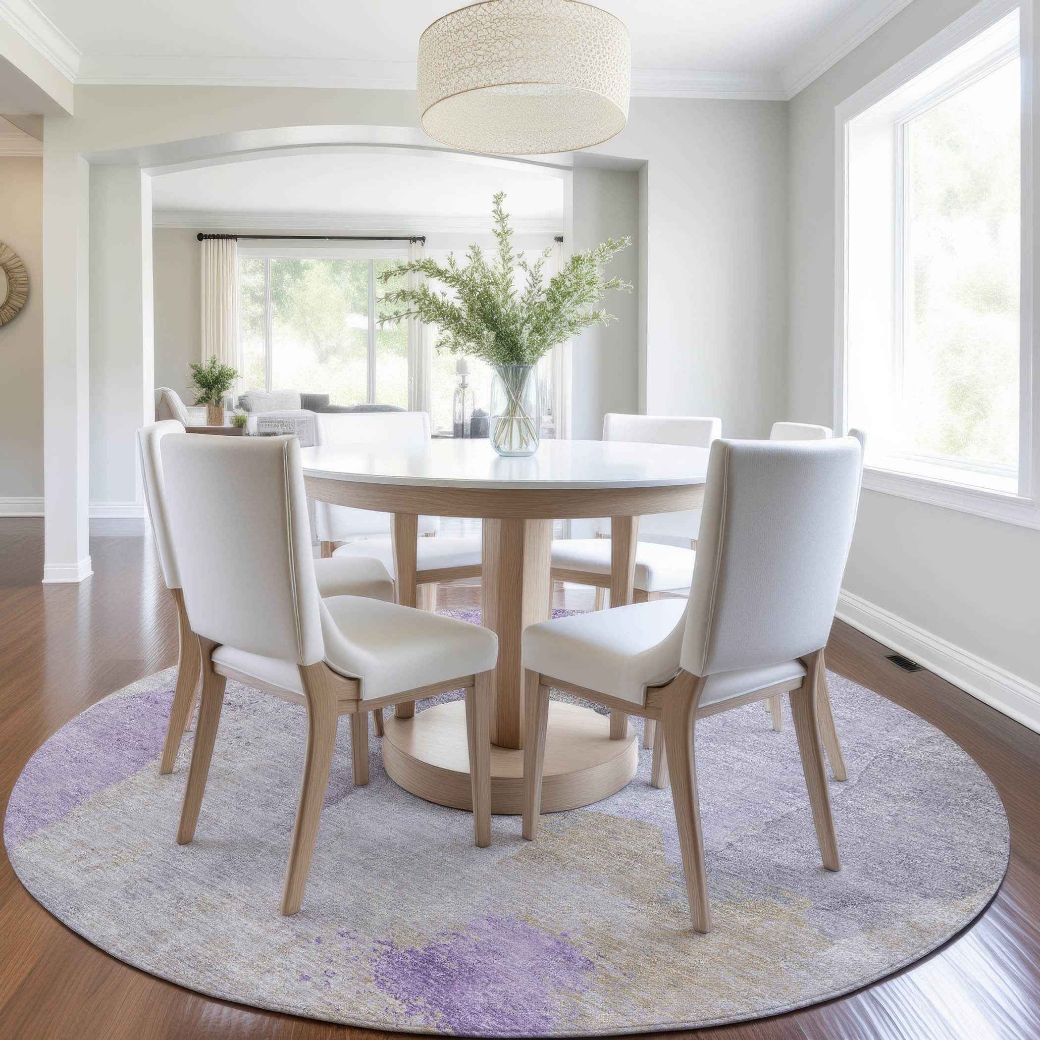 8' Lavender And Gray Round Abstract Washable Indoor Outdoor Area Rug