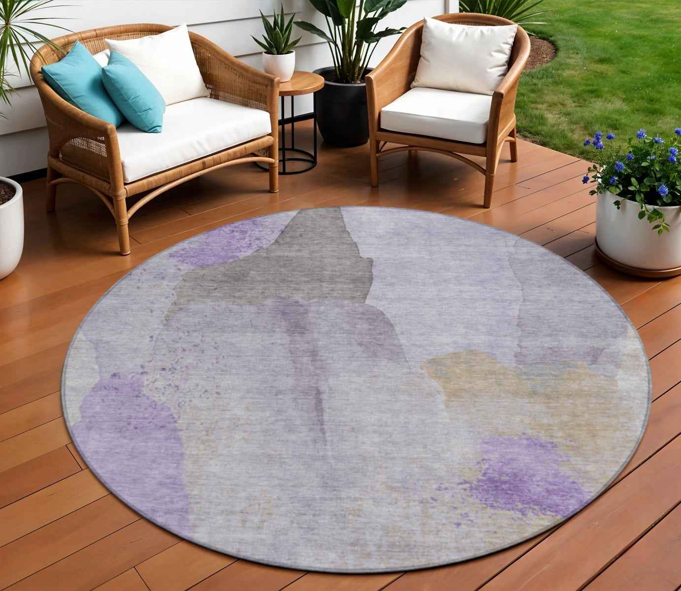 8' Lavender And Gray Round Abstract Washable Indoor Outdoor Area Rug