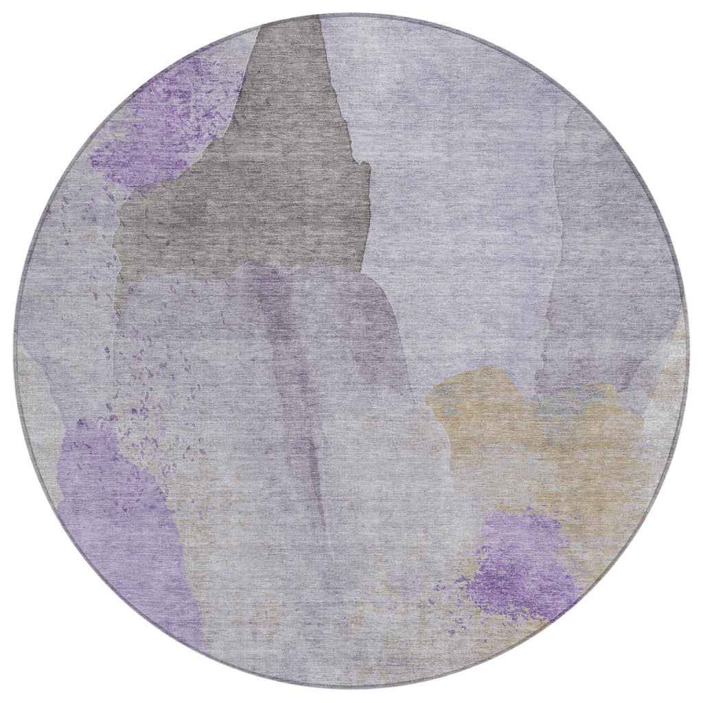 8' Lavender And Gray Round Abstract Washable Indoor Outdoor Area Rug