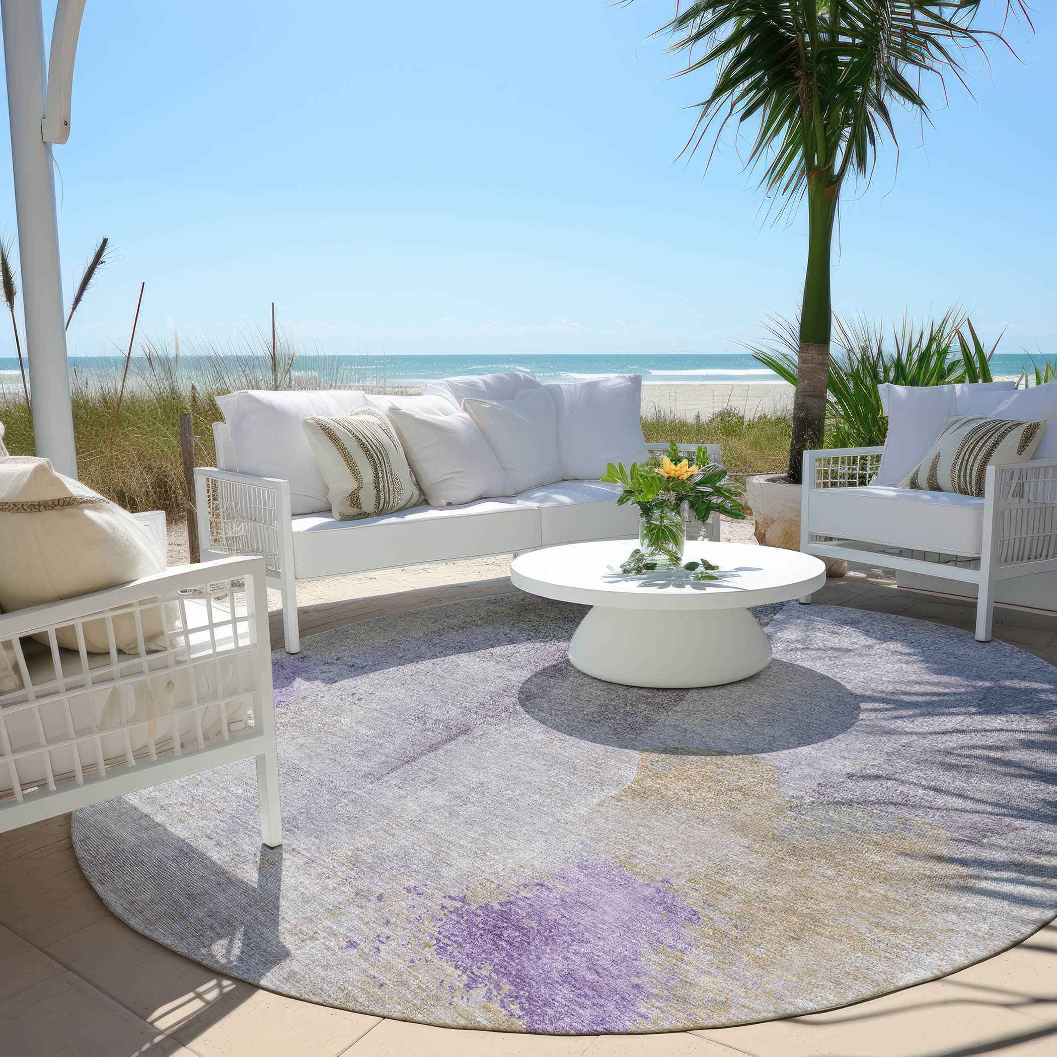 8' Lavender And Gray Round Abstract Washable Indoor Outdoor Area Rug