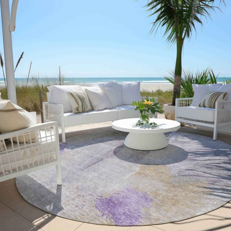 8' Lavender And Gray Round Abstract Washable Indoor Outdoor Area Rug
