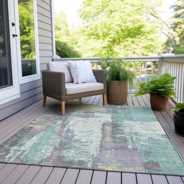 5' X 8' Teal Blue And Ivory Abstract Washable Indoor Outdoor Area Rug