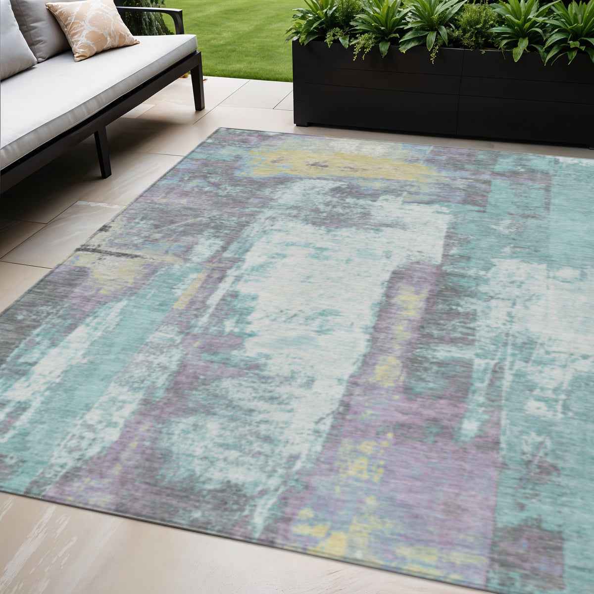 5' X 8' Teal Blue And Ivory Abstract Washable Indoor Outdoor Area Rug