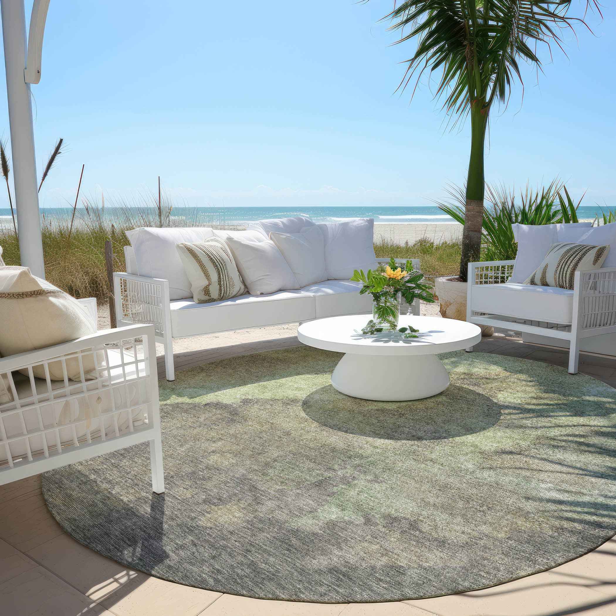 8' Artichoke Green And Taupe Round Abstract Washable Indoor Outdoor Area Rug