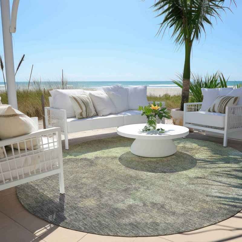 8' Artichoke Green And Taupe Round Abstract Washable Indoor Outdoor Area Rug