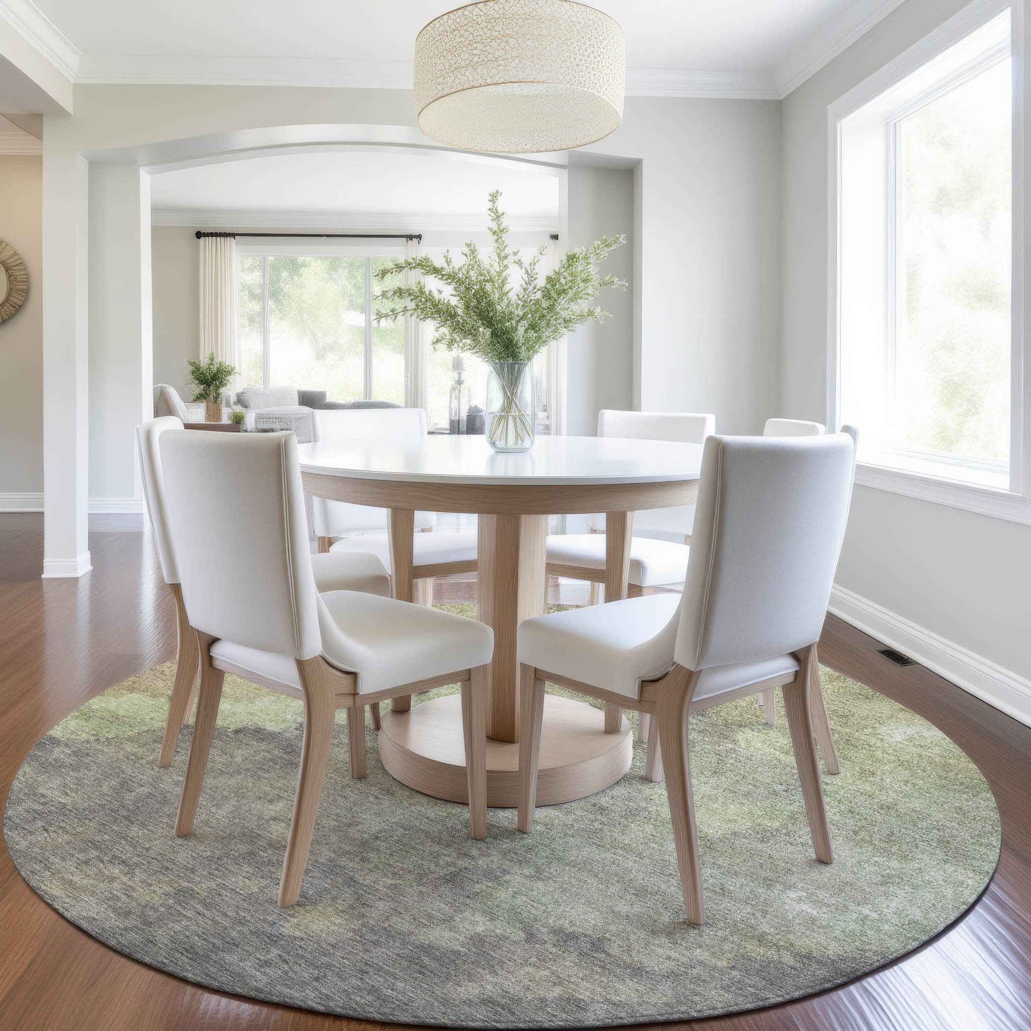 8' Artichoke Green And Taupe Round Abstract Washable Indoor Outdoor Area Rug