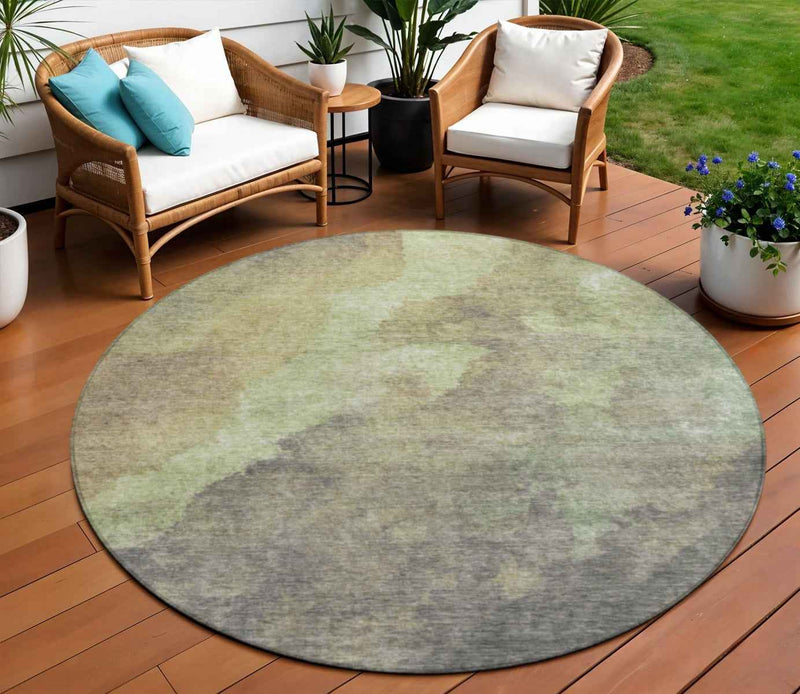 8' Artichoke Green And Taupe Round Abstract Washable Indoor Outdoor Area Rug