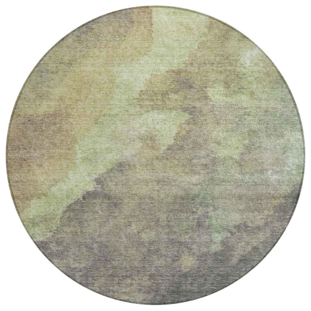 8' Artichoke Green And Taupe Round Abstract Washable Indoor Outdoor Area Rug