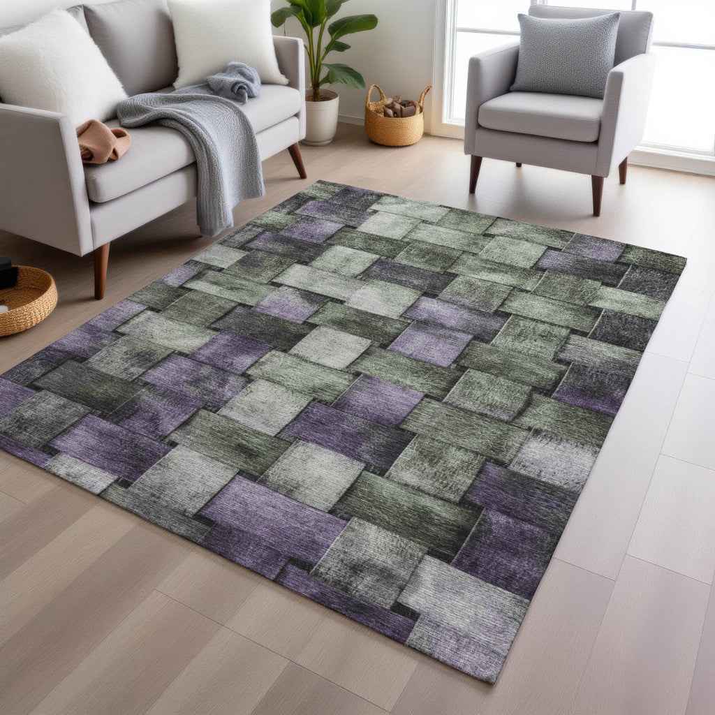 9' X 12' Sage And Purple Striped Washable Indoor Outdoor Area Rug