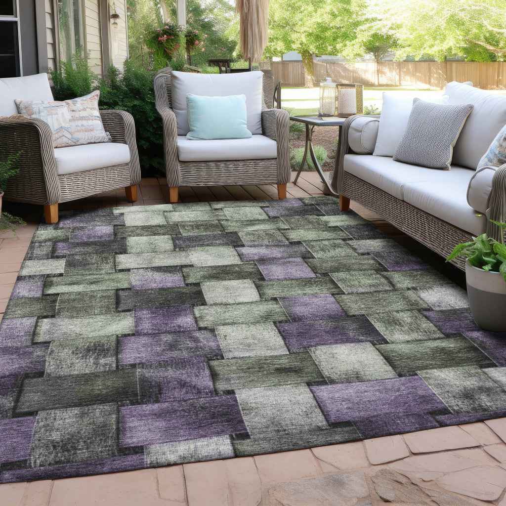 9' X 12' Sage And Purple Striped Washable Indoor Outdoor Area Rug