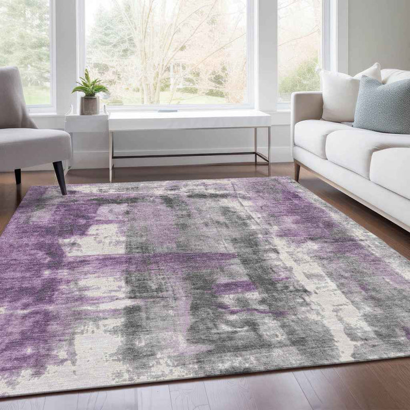 5' X 8' Purple And Ivory Abstract Washable Indoor Outdoor Area Rug