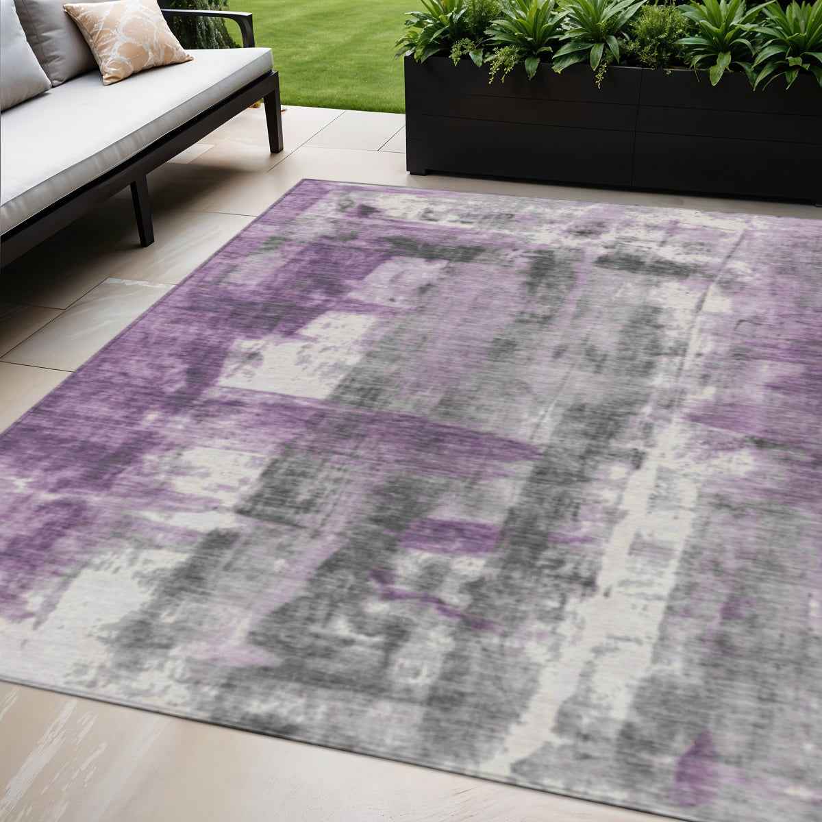 5' X 8' Purple And Ivory Abstract Washable Indoor Outdoor Area Rug