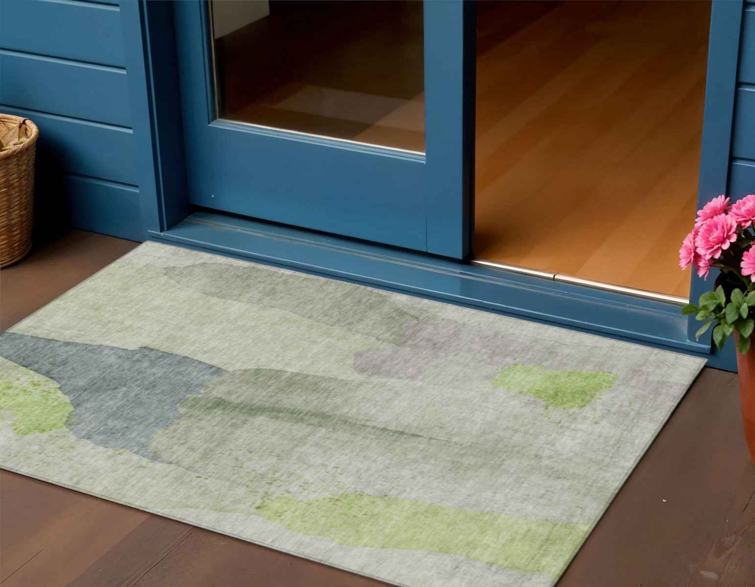 3' X 5' Artichoke Green And Taupe Abstract Washable Indoor Outdoor Area Rug
