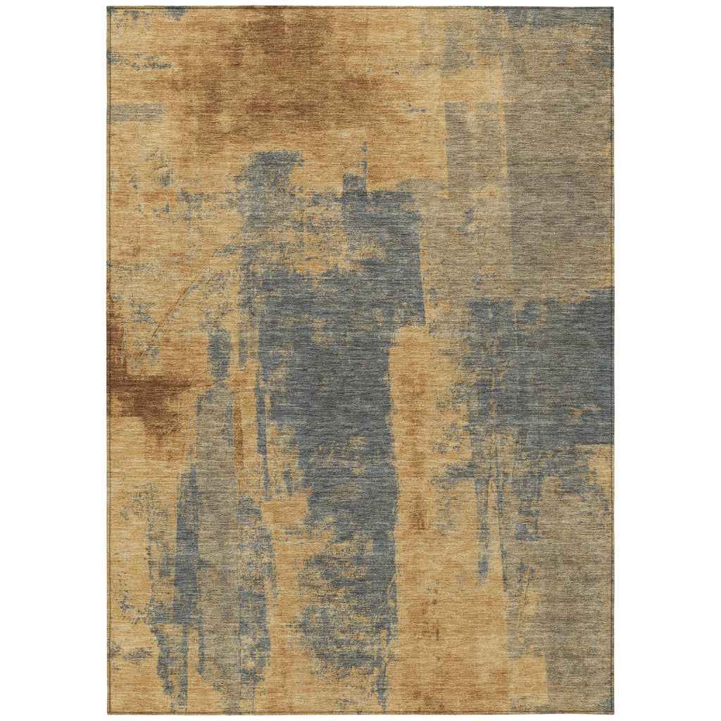 9' X 12' Gold And Charcoal Abstract Washable Indoor Outdoor Area Rug
