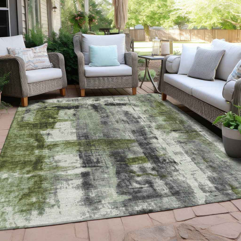 10' X 14' Olive Green And Ivory Abstract Washable Indoor Outdoor Area Rug