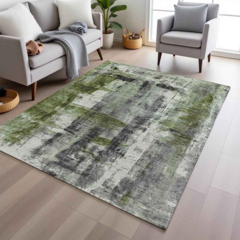 10' X 14' Olive Green And Ivory Abstract Washable Indoor Outdoor Area Rug