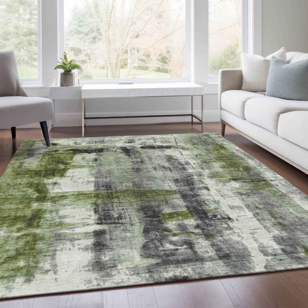 10' X 14' Olive Green And Ivory Abstract Washable Indoor Outdoor Area Rug