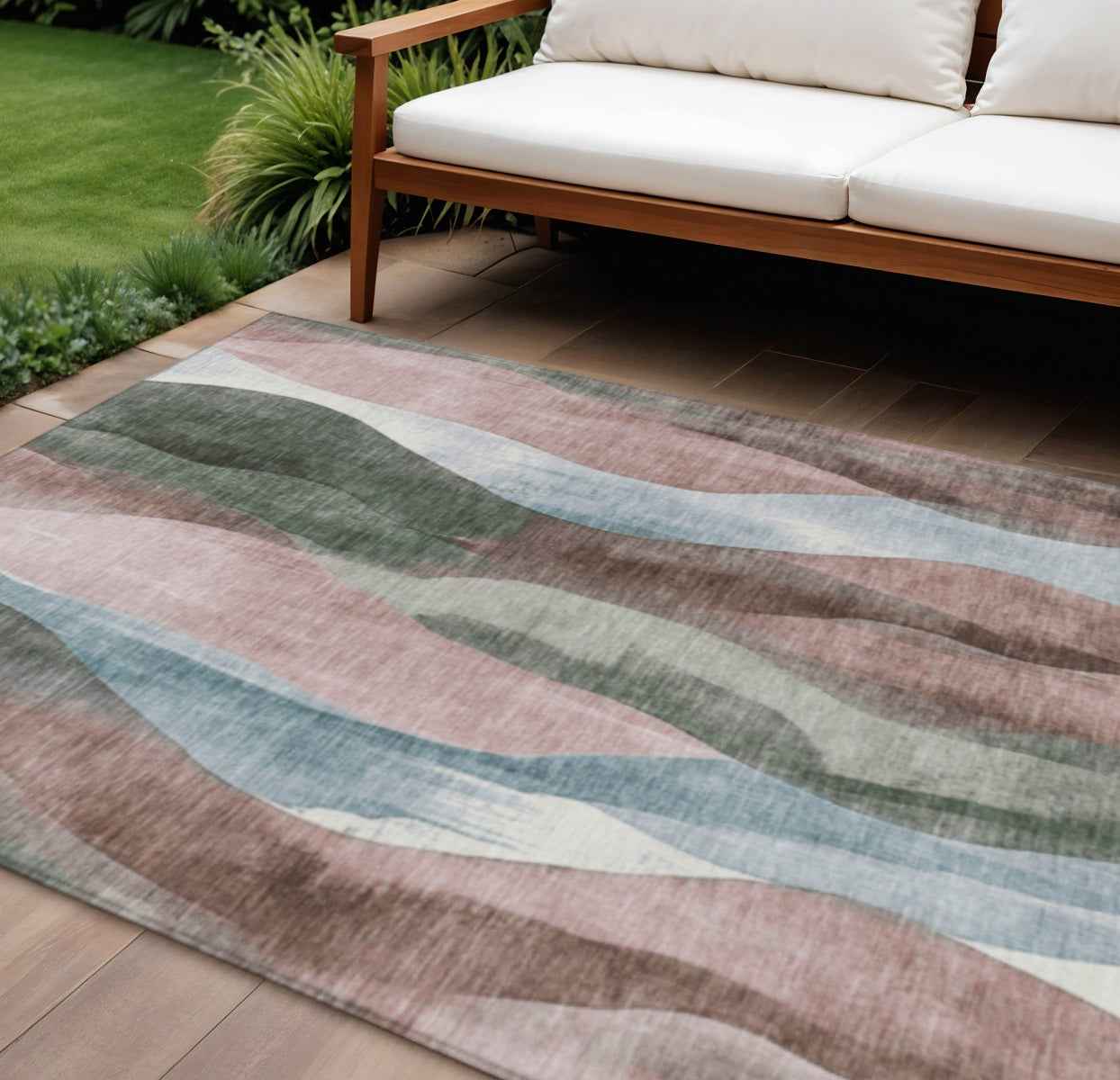 10' X 14' Salmon And Denim Blue Abstract Washable Indoor Outdoor Area Rug