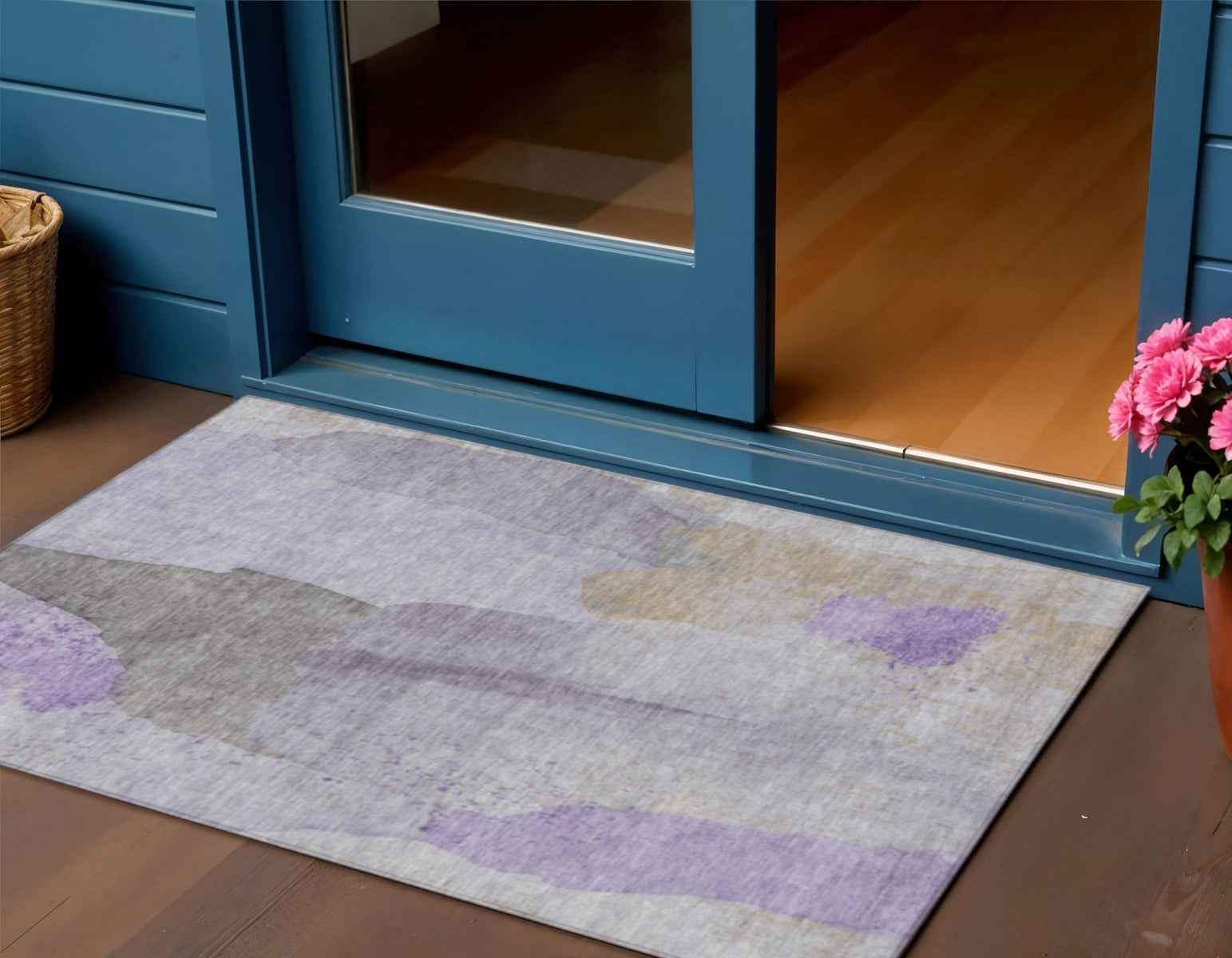 3' X 5' Lavender And Gray Abstract Washable Indoor Outdoor Area Rug
