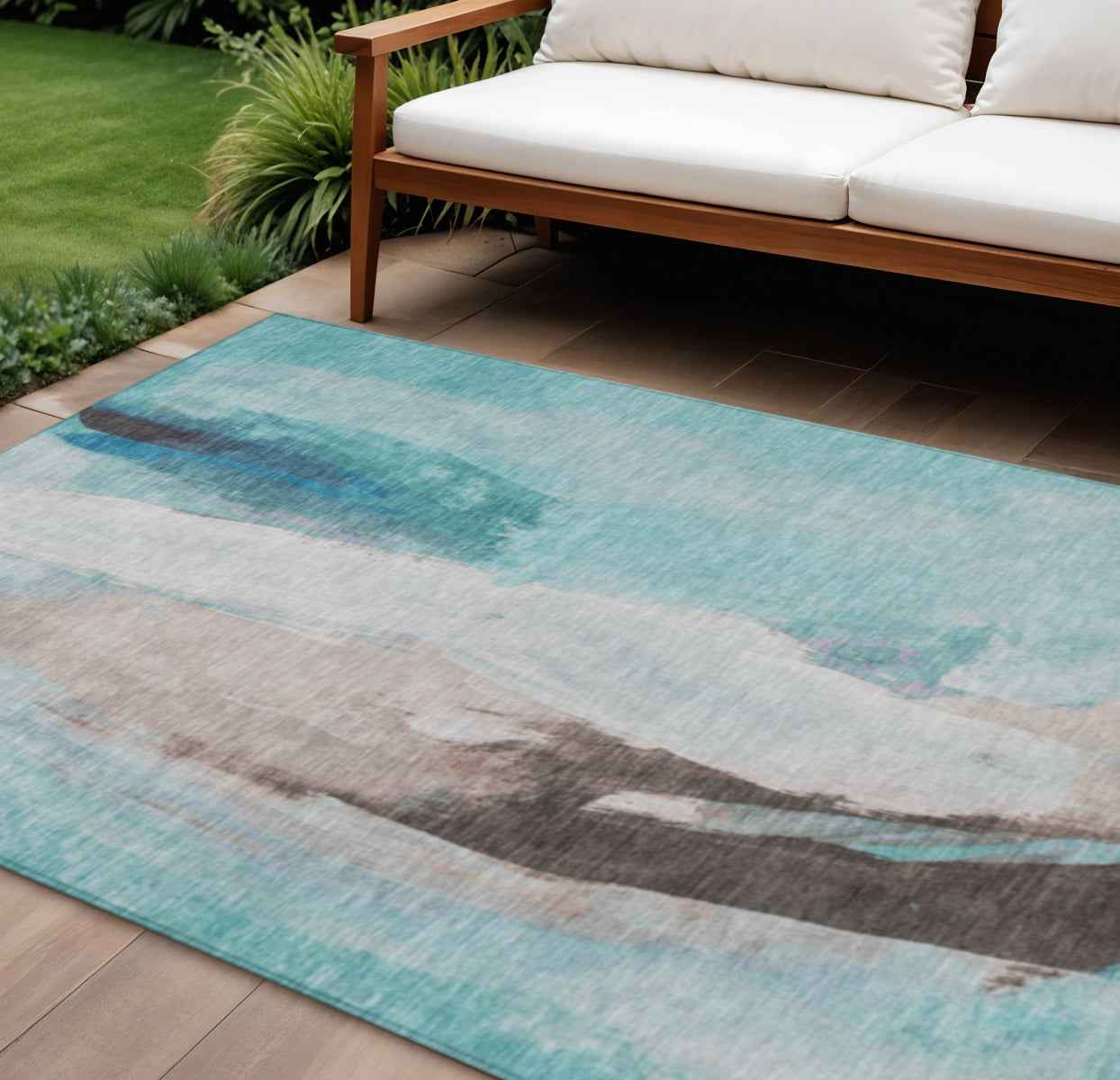 8' X 10' Teal Blue And Brown Abstract Washable Indoor Outdoor Area Rug