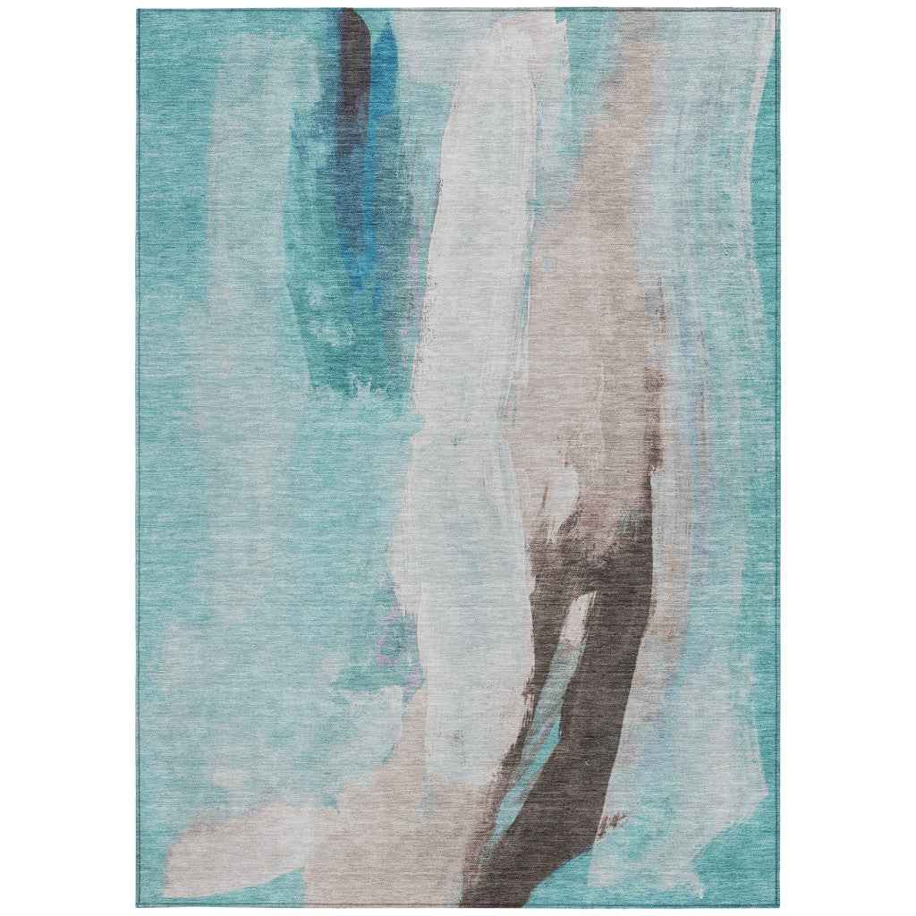 8' X 10' Teal Blue And Brown Abstract Washable Indoor Outdoor Area Rug