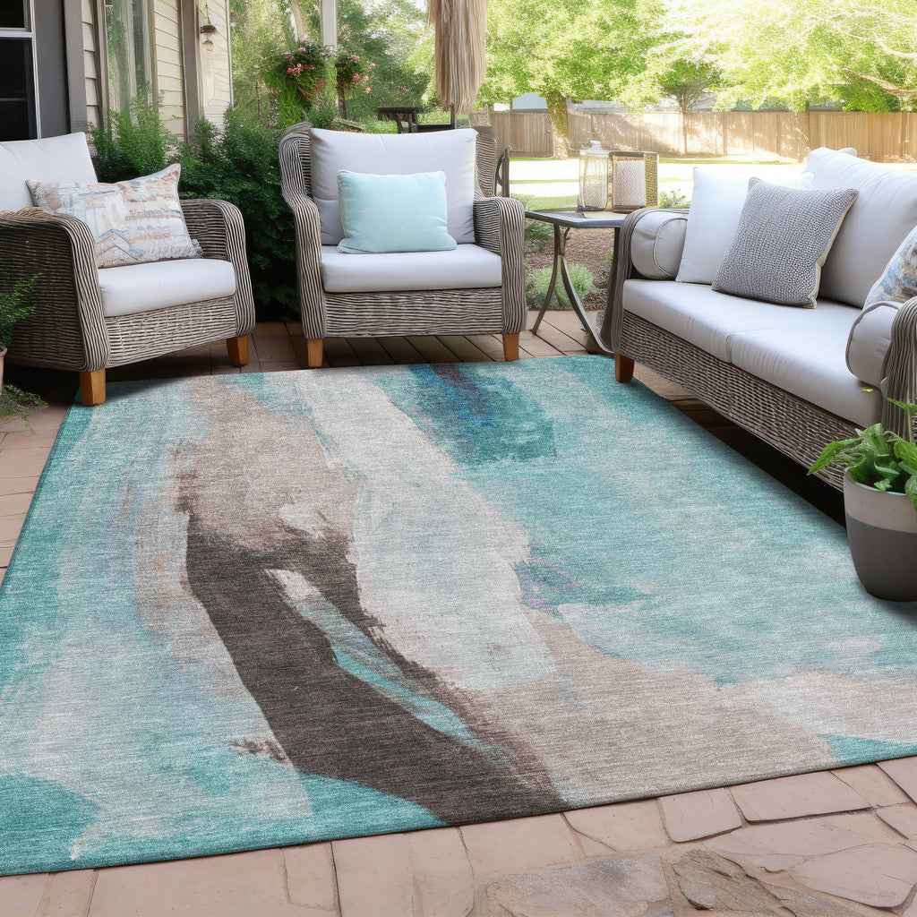 8' X 10' Teal Blue And Brown Abstract Washable Indoor Outdoor Area Rug