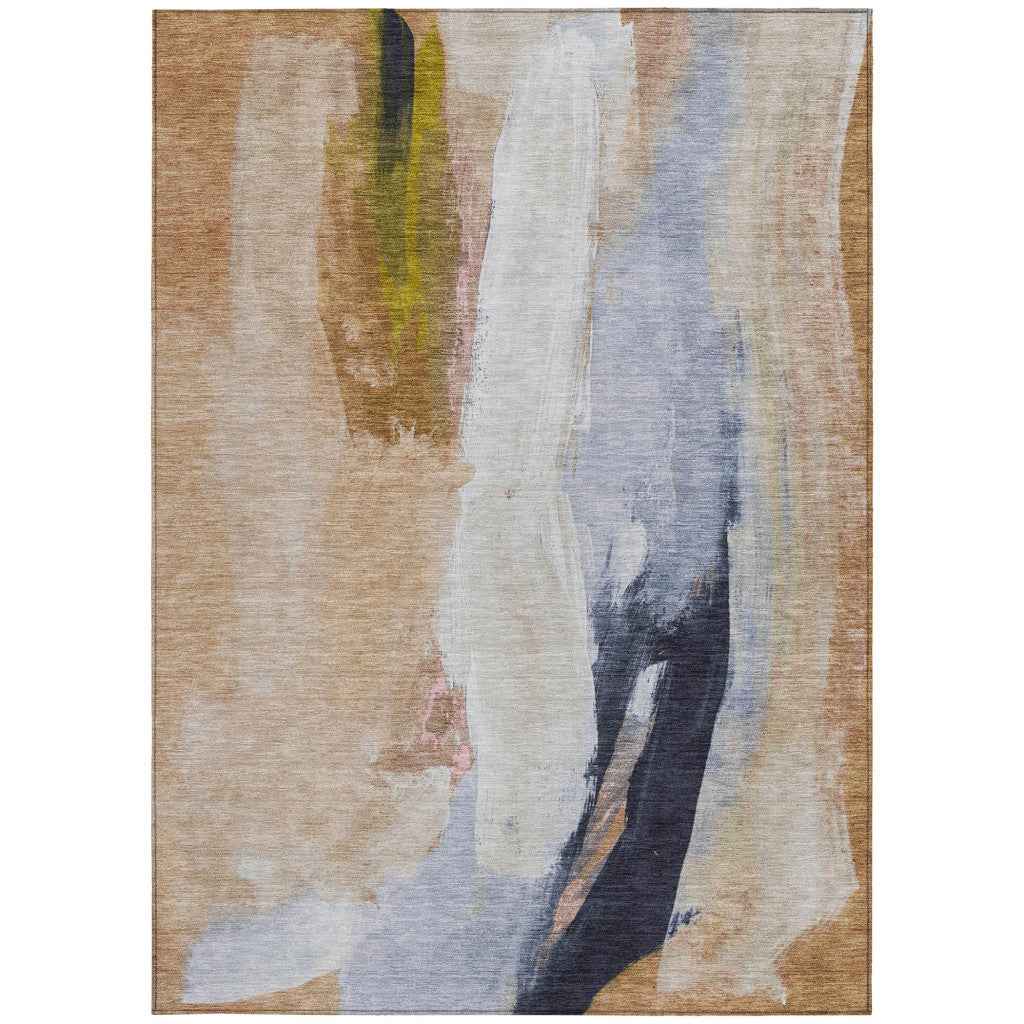 8' X 10' Beige And Navy Blue Abstract Washable Indoor Outdoor Area Rug