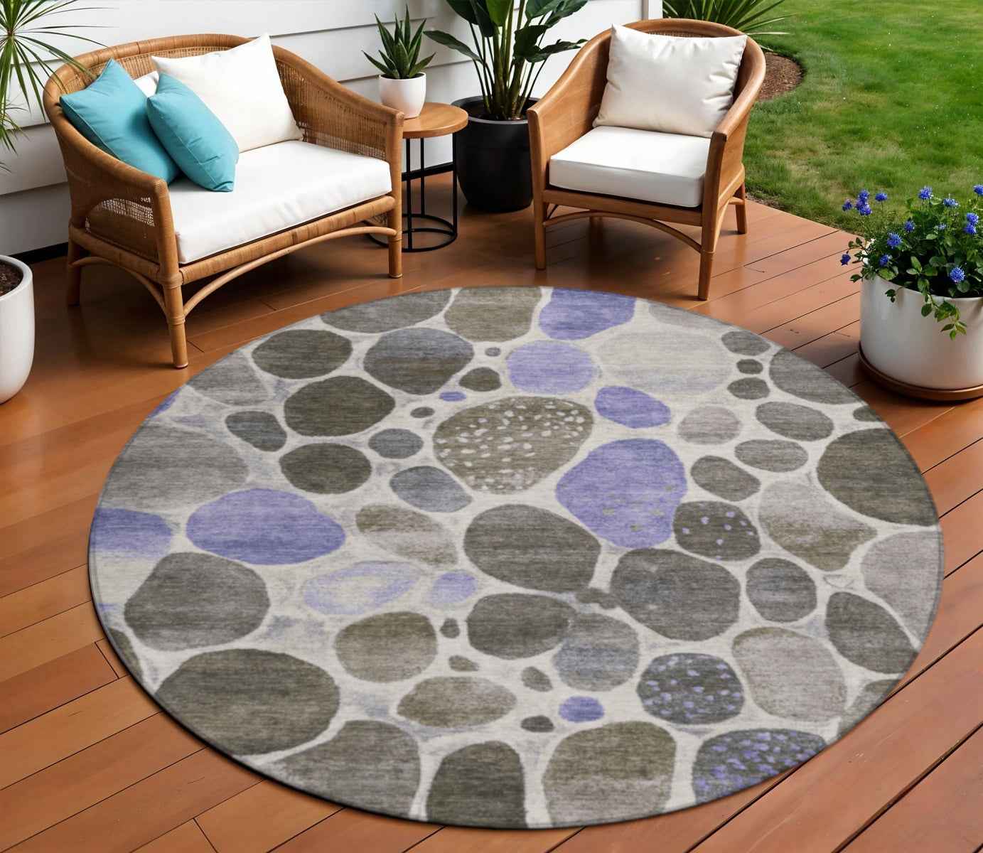 8' Chocolate Ivory And Purple Round Geometric Washable Indoor Outdoor Area Rug