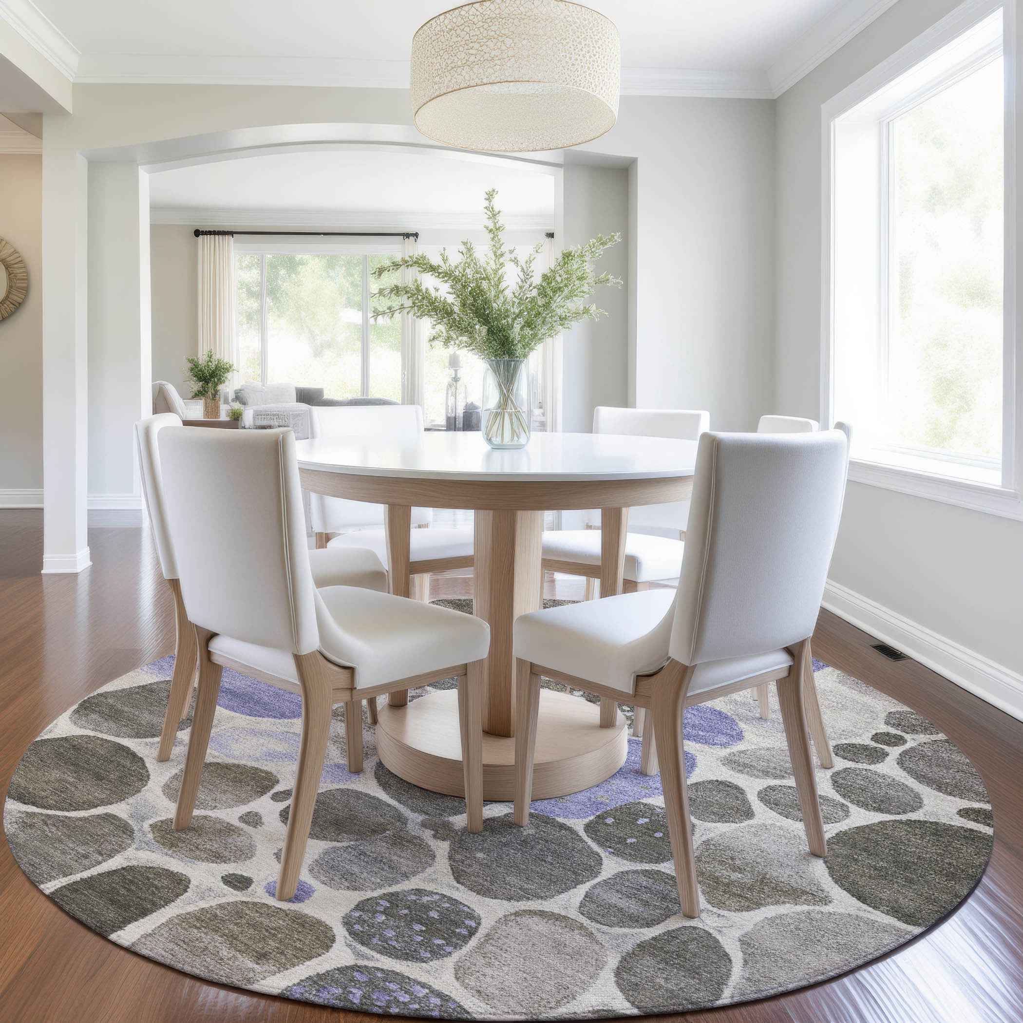 8' Chocolate Ivory And Purple Round Geometric Washable Indoor Outdoor Area Rug