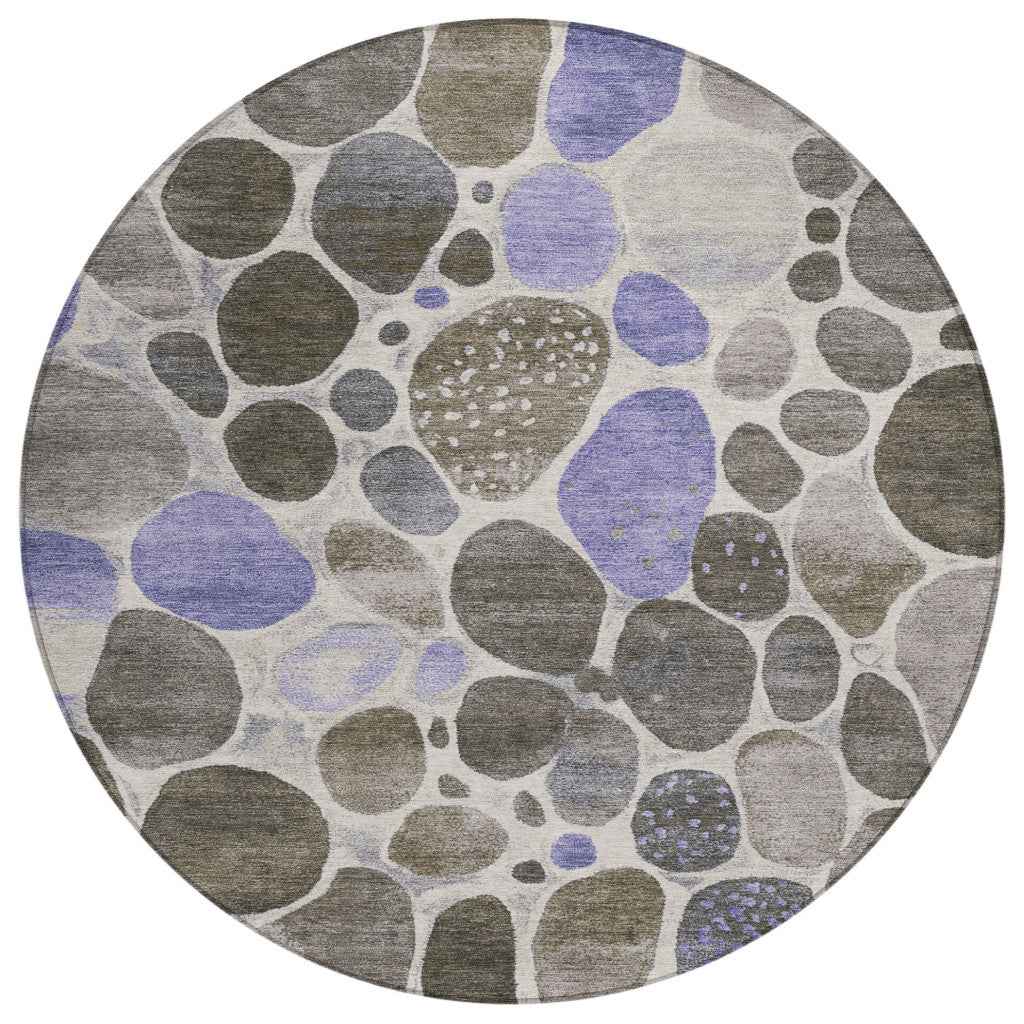8' Chocolate Ivory And Purple Round Geometric Washable Indoor Outdoor Area Rug