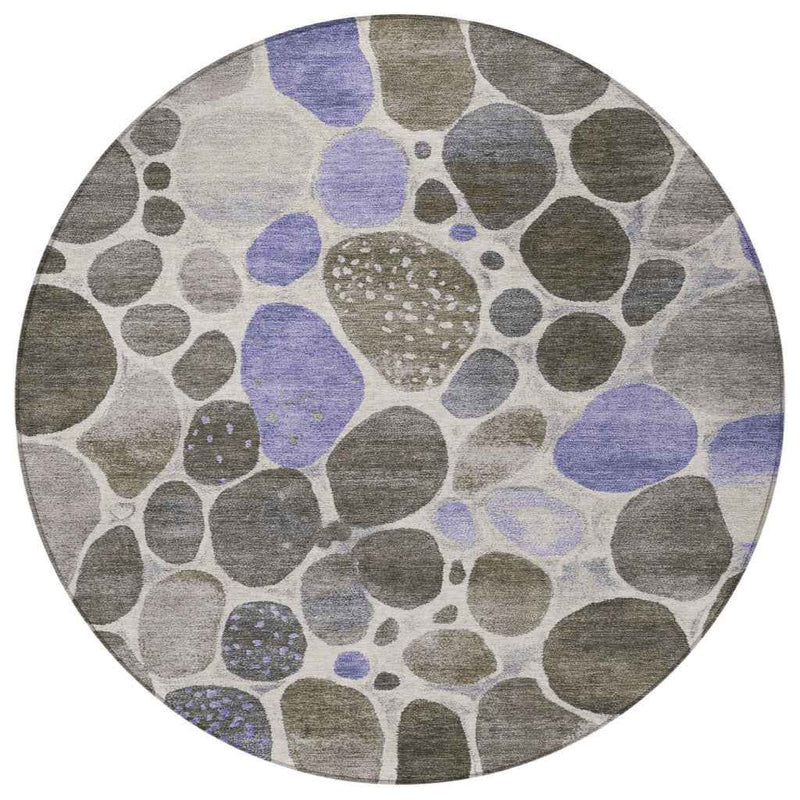 8' Chocolate Ivory And Purple Round Geometric Washable Indoor Outdoor Area Rug