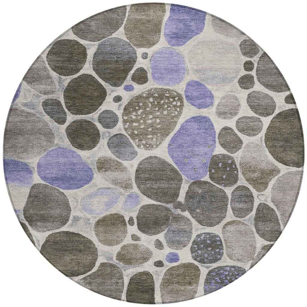 8' Chocolate Ivory And Purple Round Geometric Washable Indoor Outdoor Area Rug