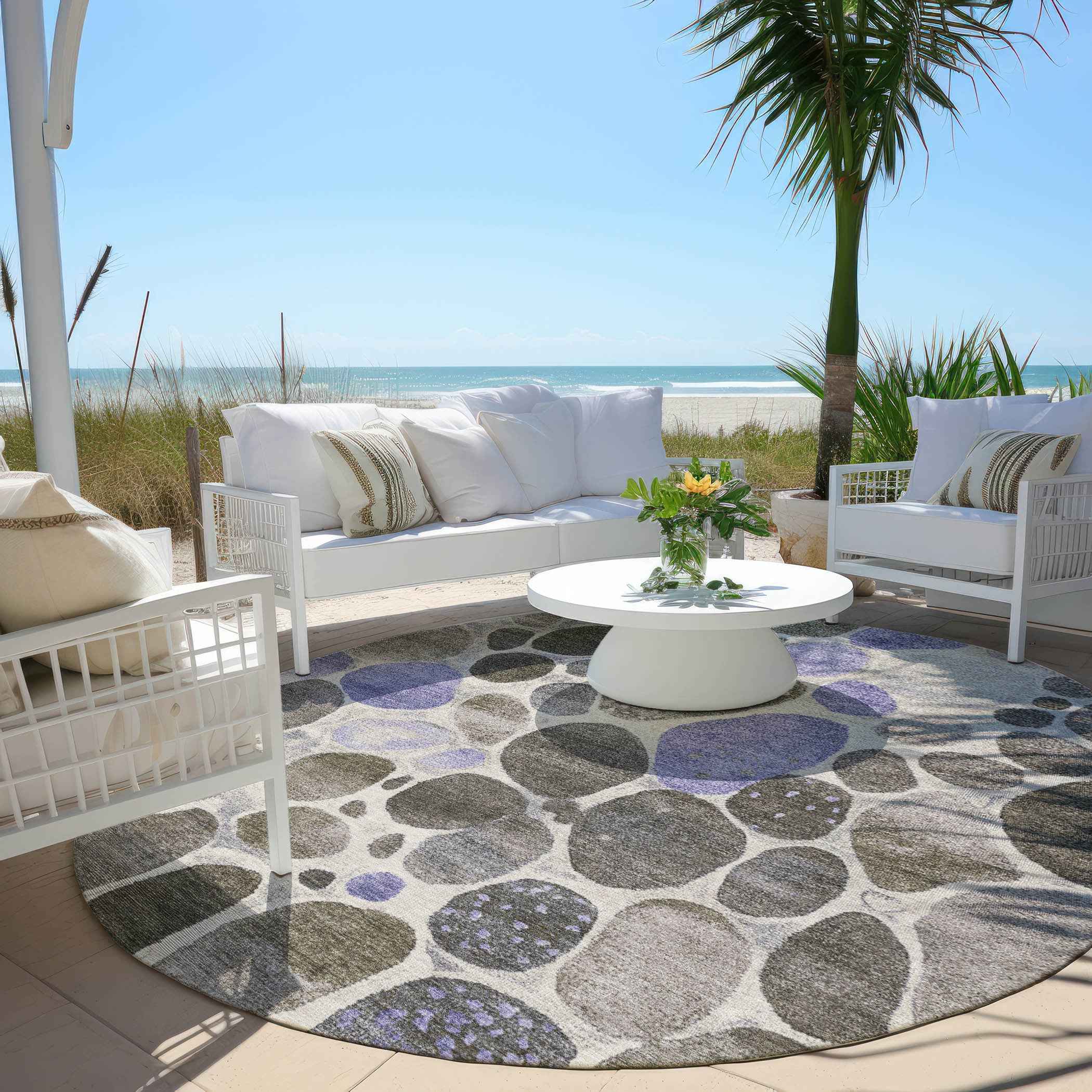 8' Chocolate Ivory And Purple Round Geometric Washable Indoor Outdoor Area Rug