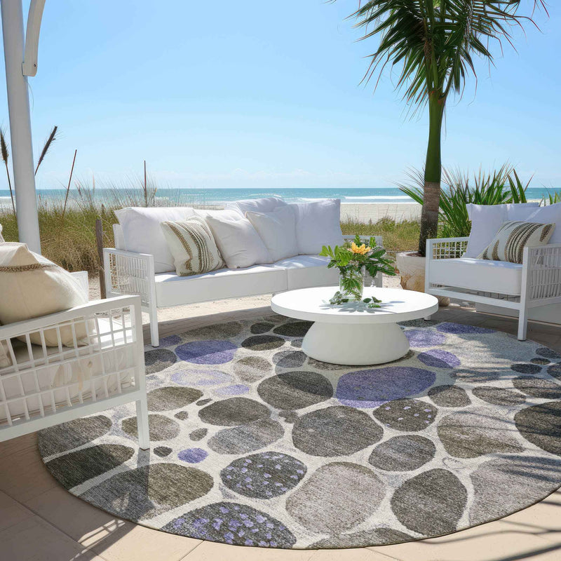 8' Chocolate Ivory And Purple Round Geometric Washable Indoor Outdoor Area Rug