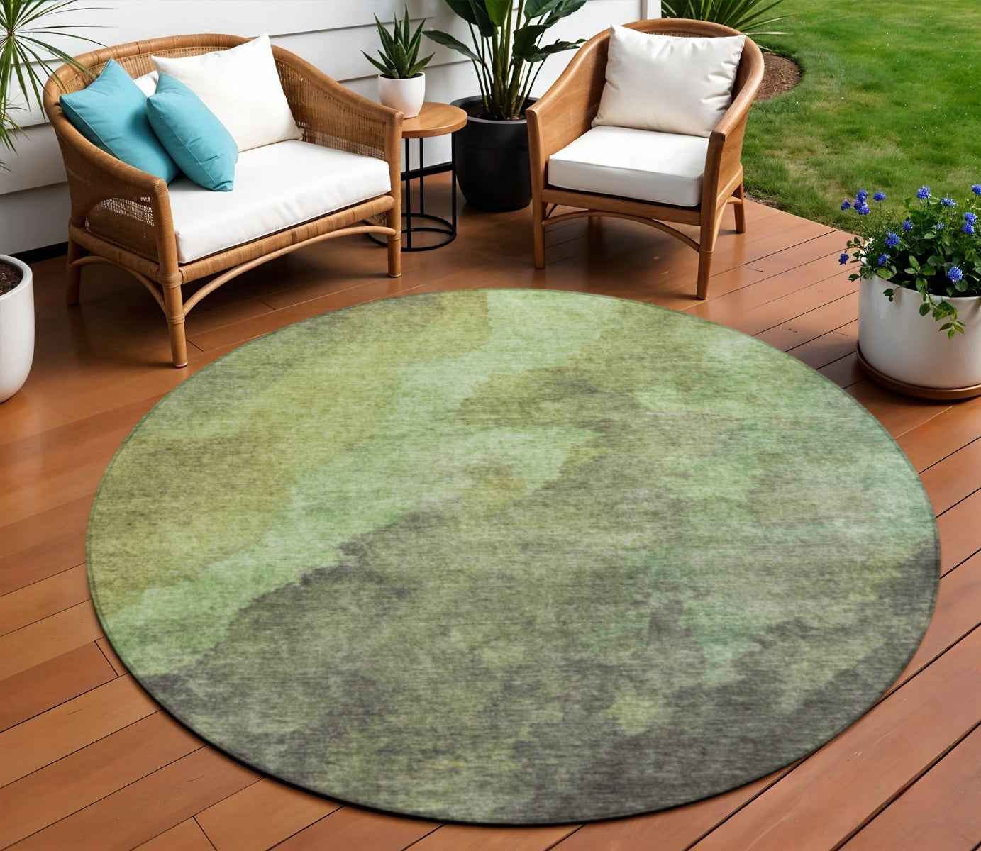 8' Green And Charcoal Round Abstract Washable Indoor Outdoor Area Rug