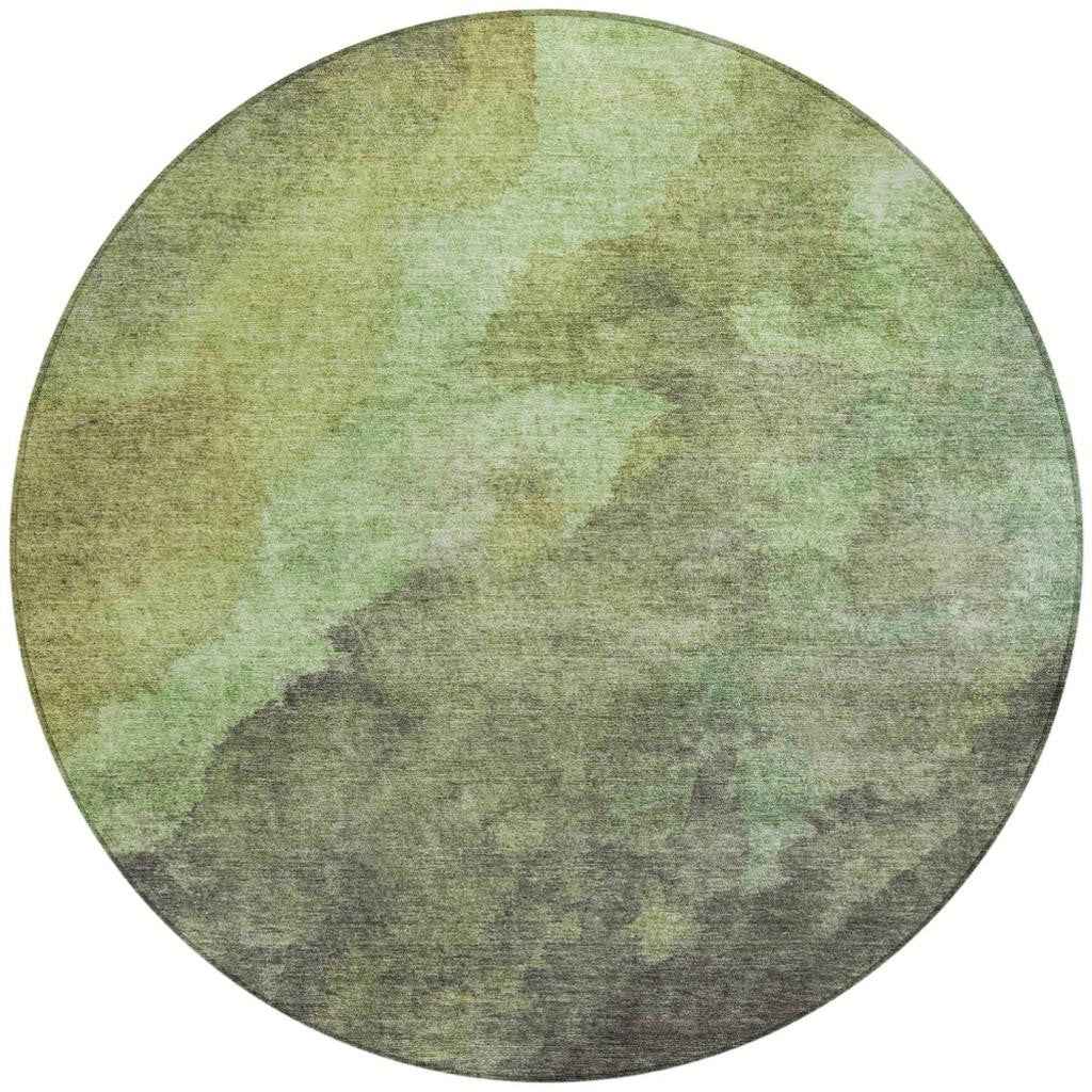 8' Green And Charcoal Round Abstract Washable Indoor Outdoor Area Rug