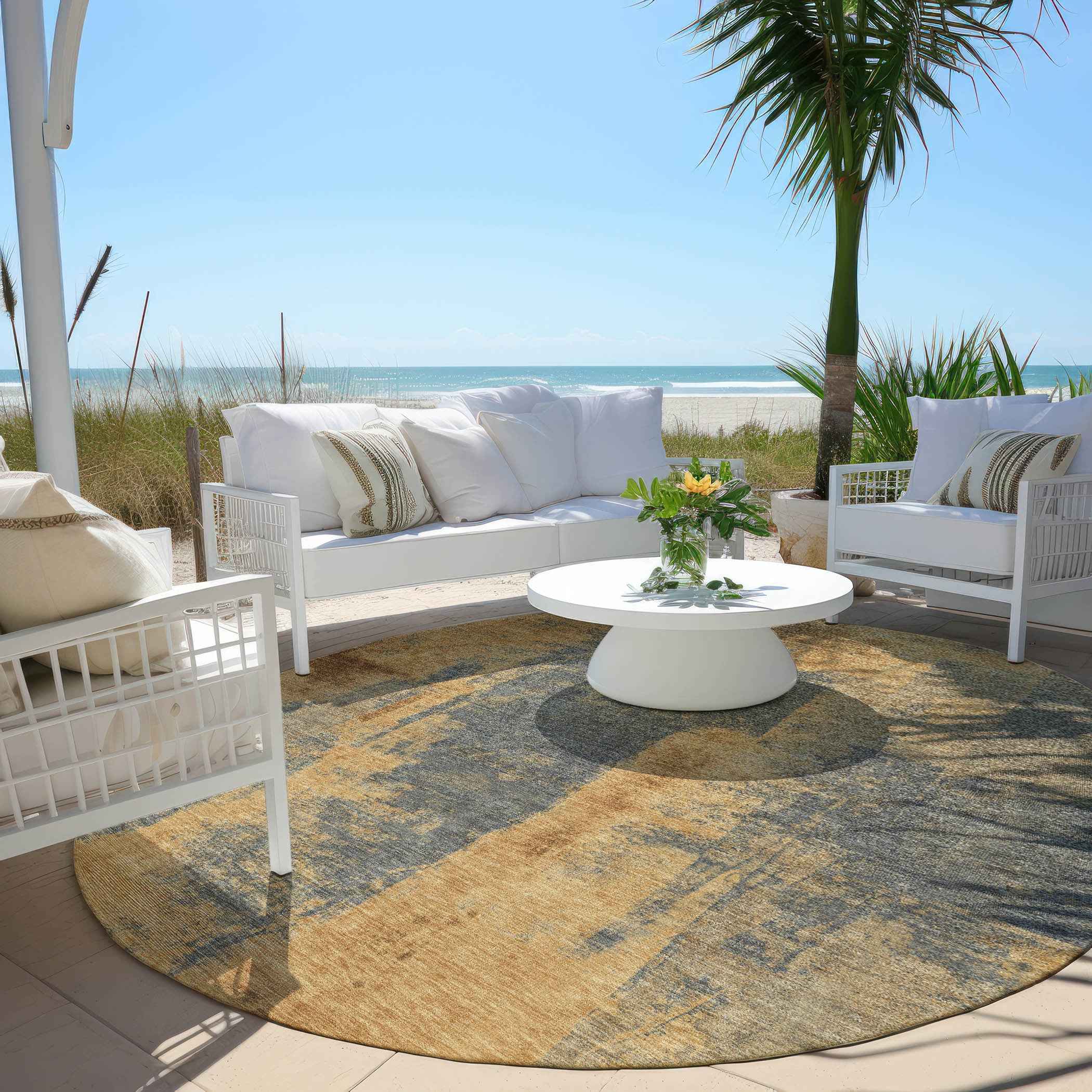 8' Gold And Charcoal Round Abstract Washable Indoor Outdoor Area Rug