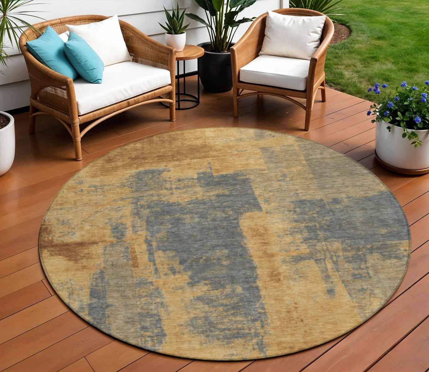 8' Gold And Charcoal Round Abstract Washable Indoor Outdoor Area Rug