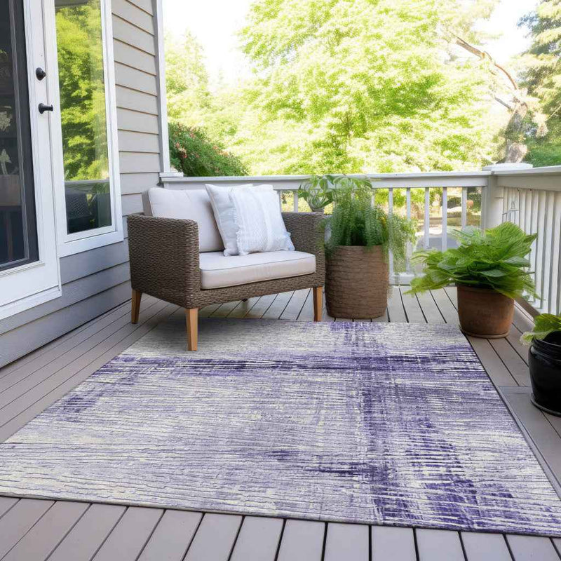 10' X 14' Lavender And Ivory Striped Washable Indoor Outdoor Area Rug
