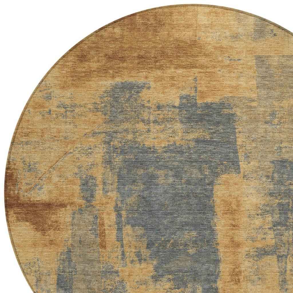 8' Gold And Charcoal Round Abstract Washable Indoor Outdoor Area Rug