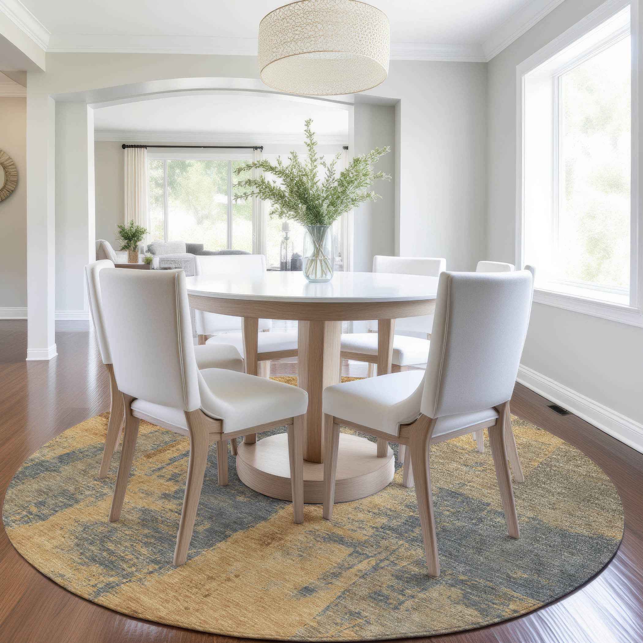 8' Gold And Charcoal Round Abstract Washable Indoor Outdoor Area Rug