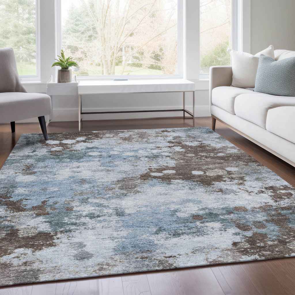 10' X 14' Sky Blue And Brown Abstract Washable Indoor Outdoor Area Rug