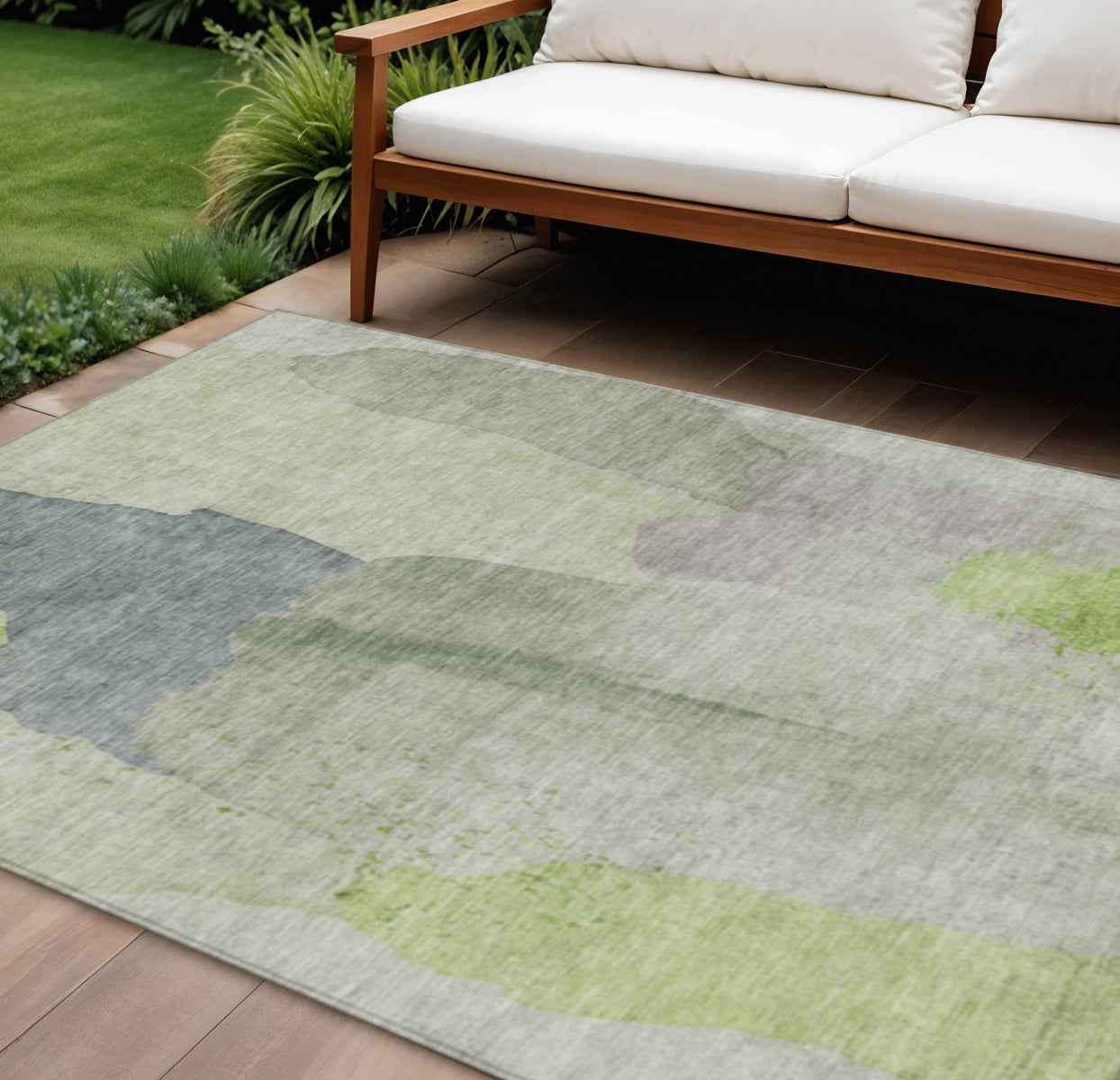8' X 10' Artichoke Green And Taupe Abstract Washable Indoor Outdoor Area Rug