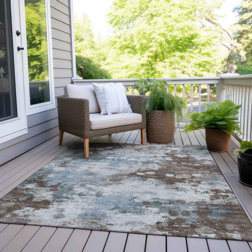 10' X 14' Sky Blue And Brown Abstract Washable Indoor Outdoor Area Rug