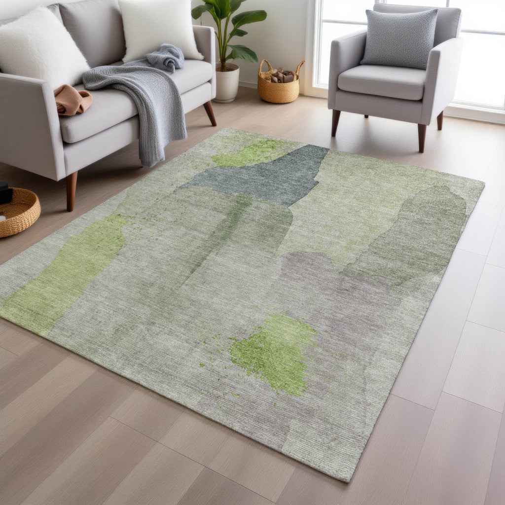 8' X 10' Artichoke Green And Taupe Abstract Washable Indoor Outdoor Area Rug