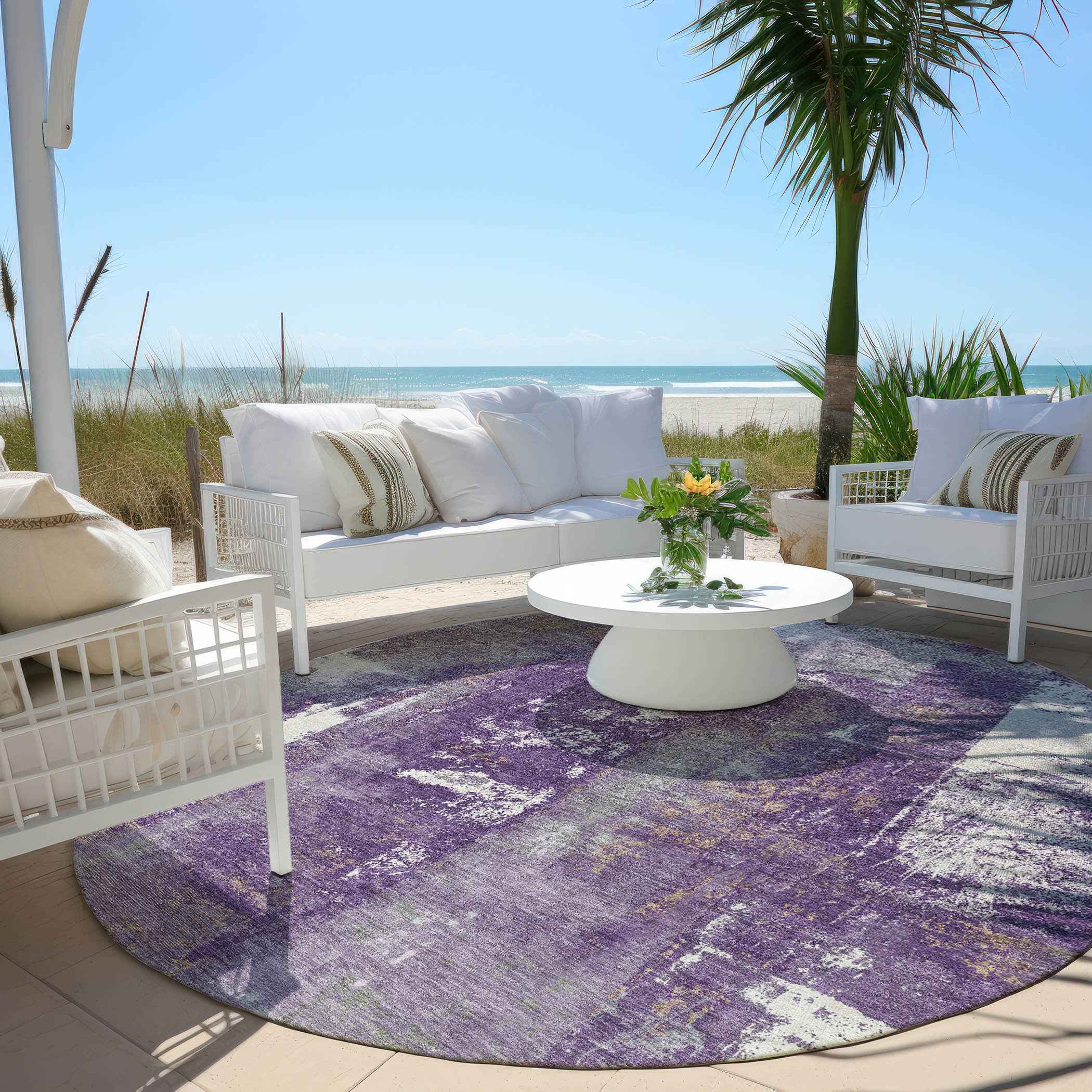 8' Purple And Ivory Round Abstract Washable Indoor Outdoor Area Rug